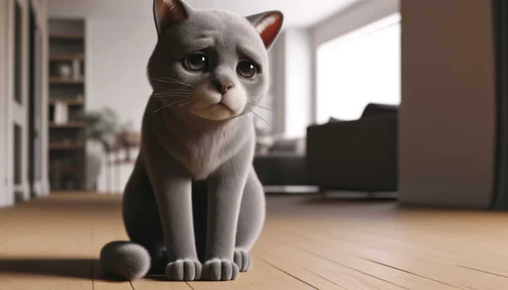 Imagem do artigo para ansiedade de separação em gatos. Gato cinzento triste porque seu dono foi embora.