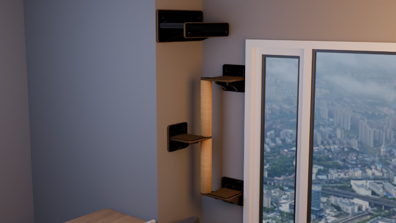 Circuito de gatificação personalizada VertiCat com coluna de sisal vertical e degraus/prateleiras pretas ao lado da janela no ambiente da cliente Larisse.