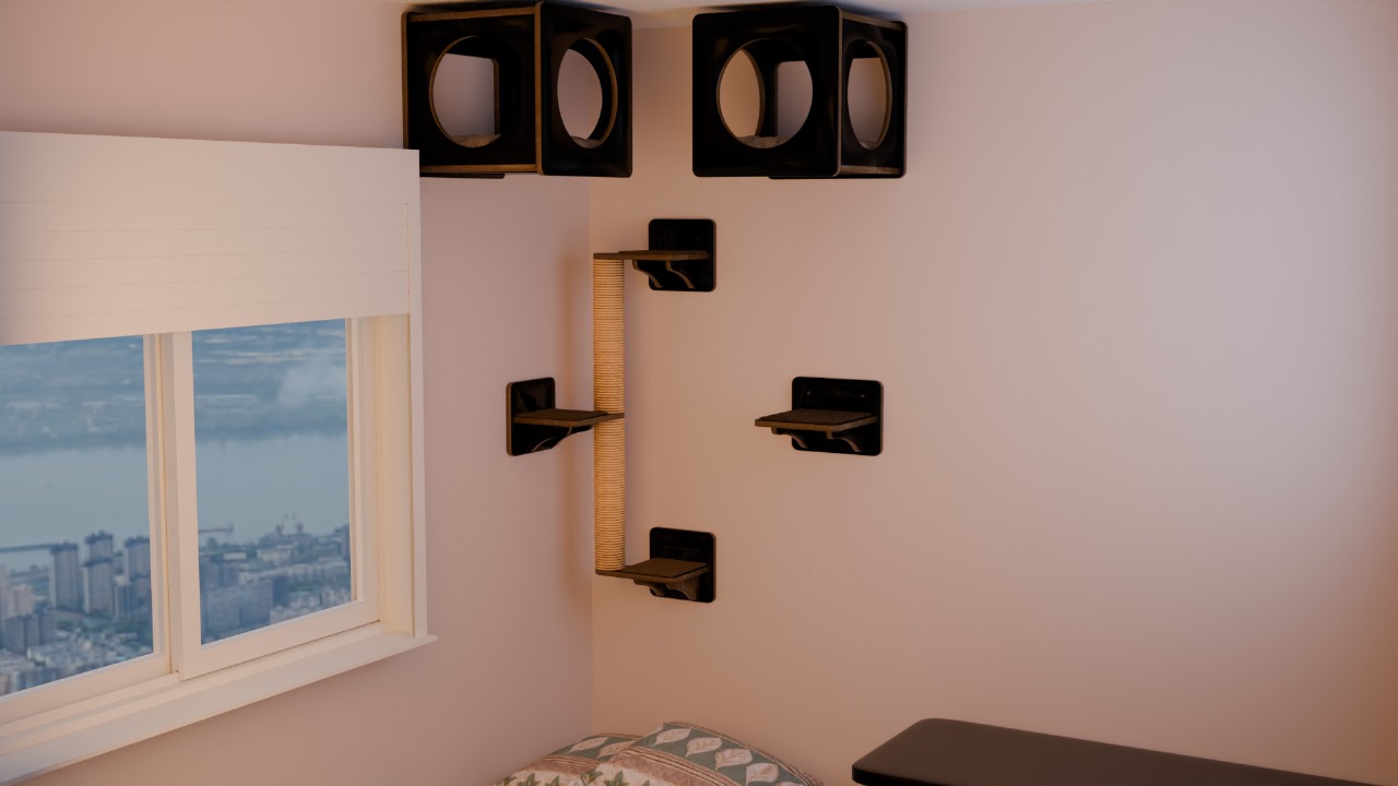 Cubos suspensos com aberturas circulares, coluna de sisal e degraus em parede ao lado da janela em projeto de gatificação personalizada VertiCat da cliente Larisse.